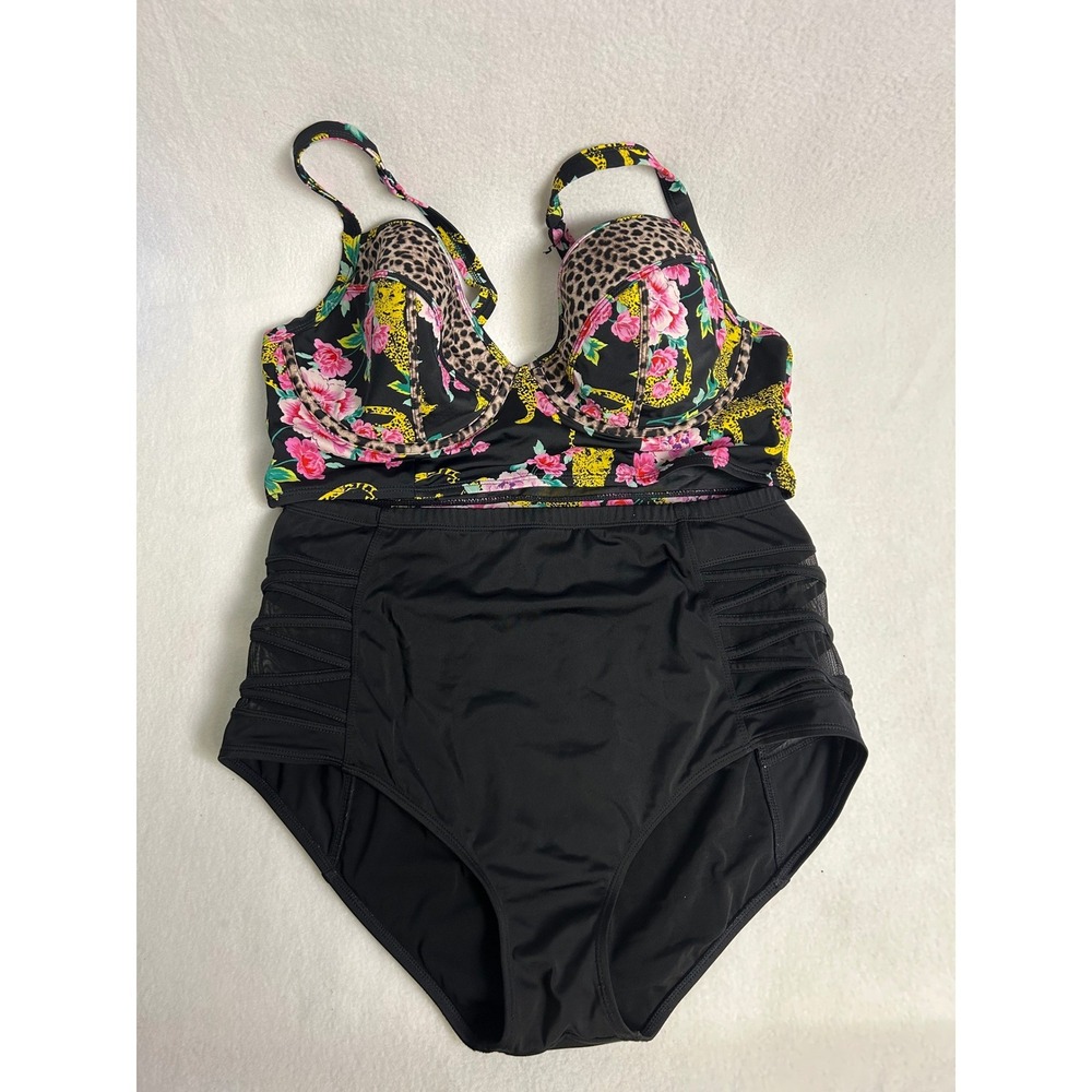 torrid Black Floral & Leopard Longline Bikini Top with Black High-Waist Bottoms